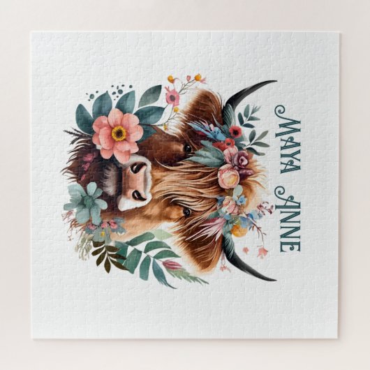 Highland Koe Boho Floral Waterverf Legpuzzel (Horizontaal)