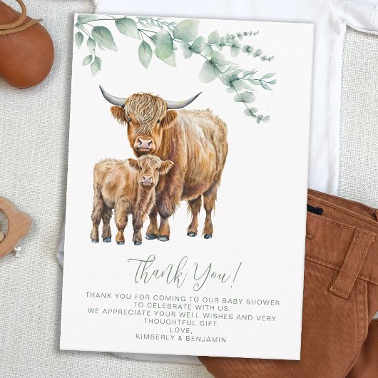 Highland Koe Boho Greenery Baby shower Bedankt Notitiekaartje