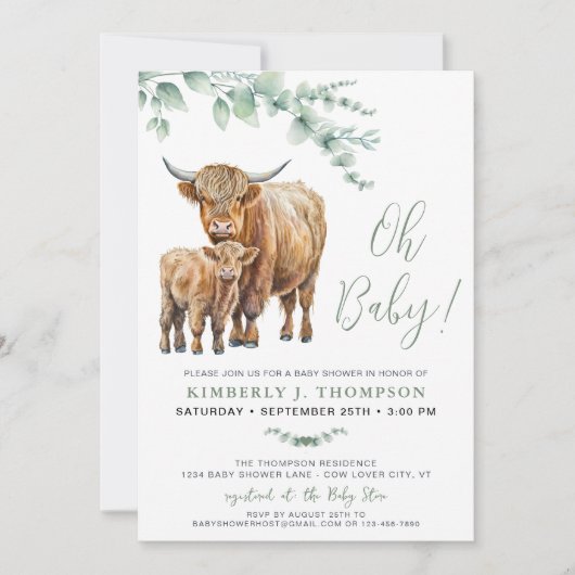 Highland Koe Boho Greenery Sage Baby shower Kaart (Voorkant)