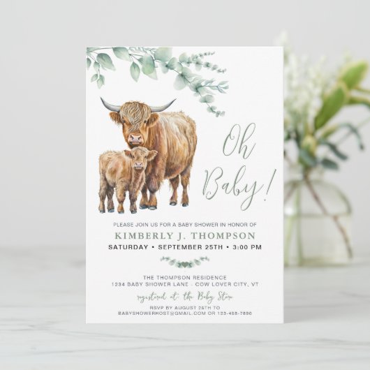 Highland Koe Boho Greenery Sage Baby shower Kaart (Staand voorkant)