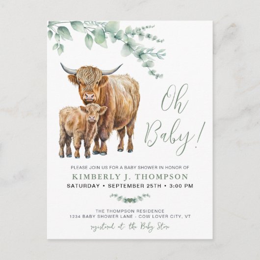 Highland Koe Boho Greenery Sage Baby shower Uitnodiging Briefkaart (Voorkant)
