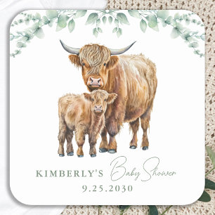 Highland Koe Boho Greenery Sage Baby shower Vierkante Sticker