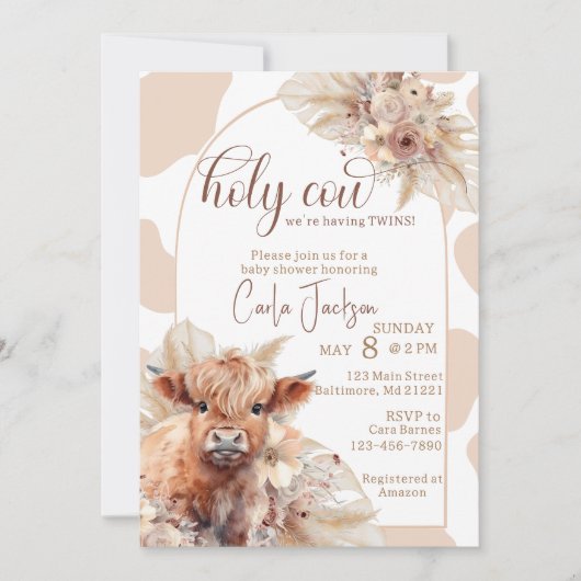 Highland koe Boho Pampas Grass Twin baby shower Kaart (Voorkant)