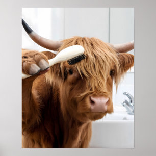 Highland Koe Borstelen Haar Getting Ready Badkamer Poster