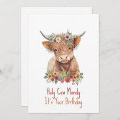 Highland Koe Cute Floral Birthday Kaart (Voorkant / Achterkant)