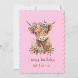Highland Koe Cute Floral Birthday Waterverf Roze Kaart
