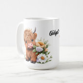 Highland Koe, Daisies Gepersonaliseerde Koffie Mok (Voorkant links)
