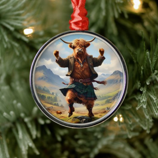 Highland Koe danst de Highland Fling, Metalen Ornament (Boom)