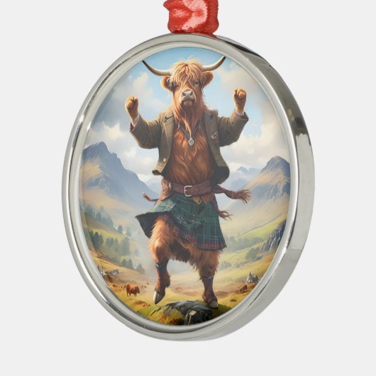 Highland Koe danst de Highland Fling, Metalen Ornament (Links)