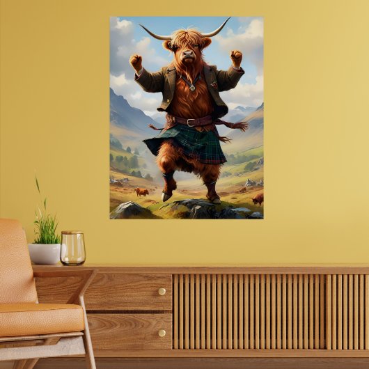 Highland Koe danst de Highland Fling, Poster (Woonkamer 2)