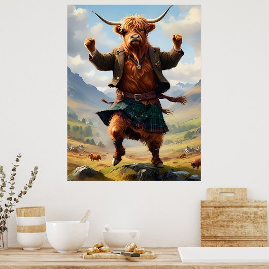 Highland Koe danst de Highland Fling, Poster (Keuken)