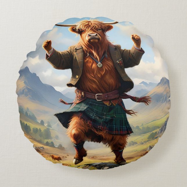 Highland Koe danst de Highland Fling, Rond Kussen (Voorkant)