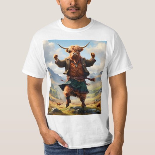 Highland Koe danst de Highland Fling, T-shirt (Voorkant)