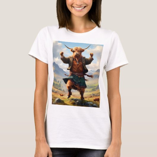 Highland Koe danst de Highland Fling, T-shirt (Voorkant)