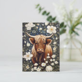 Highland Koe Elegante Witte Bloemen Briefkaart (Staand voorkant)