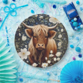 Highland Koe Elegante Witte Bloemen Papieren Bordje (Feest)