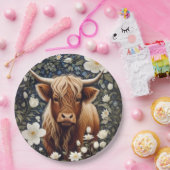 Highland Koe Elegante Witte Bloemen Papieren Bordje (Feest)