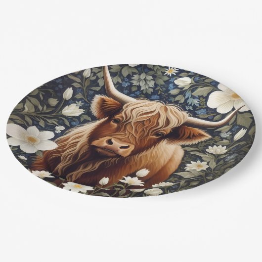 Highland Koe Elegante Witte Bloemen Papieren Bordje (Gekanteld)