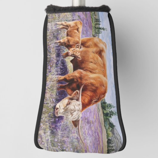 Highland Koe en Calf Paarse Wildflowers Golfheadcover (Draai 90)