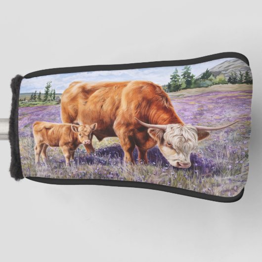 Highland Koe en Calf Paarse Wildflowers Golfheadcover (Voorkant)