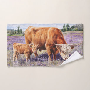 Highland Koe en Calf Paarse Wildflowers Handdoek