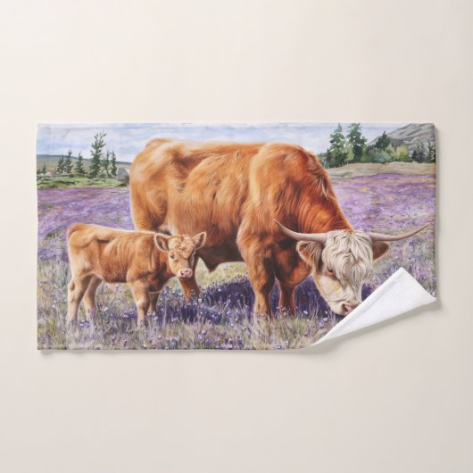 Highland Koe en Calf Paarse Wildflowers Handdoek (Handdoek)