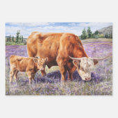 Highland Koe en Calf Paarse Wildflowers Inpakpapier Vel (Voorkant)