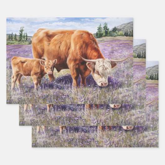 Highland Koe en Calf Paarse Wildflowers Inpakpapier Vel (Set)