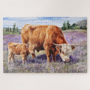 Highland Koe en Calf Paarse Wildflowers Legpuzzel