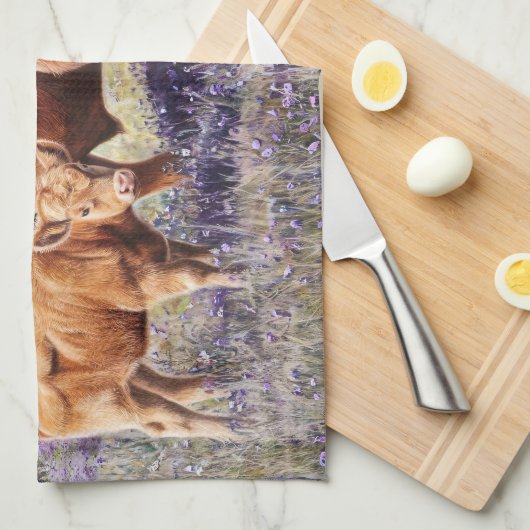 Highland Koe en Calf Paarse Wildflowers Theedoek (Quarter Fold)