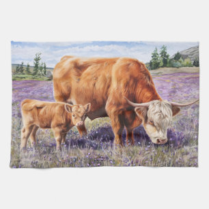 Highland Koe en Calf Paarse Wildflowers Theedoek