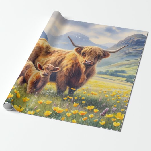 Highland Koe en kalf Buttercup Field Decoupage Cadeaupapier (Uitgerold)