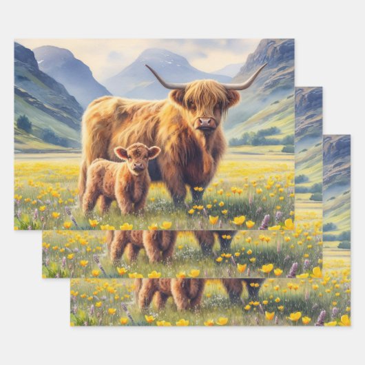 Highland Koe en kalf Buttercup Field Decoupage Inpakpapier Vel (Set)