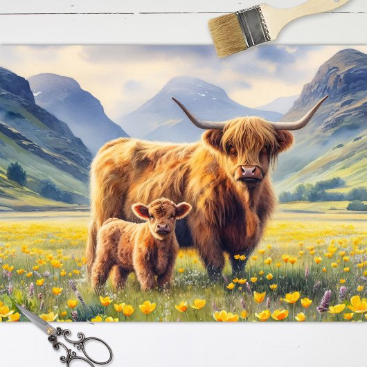Highland Koe en kalf Buttercup Field Decoupage Tissuepapier