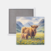 Highland Koe en kalf Buttercup Field Magneet (Voorkant / Achterkant)