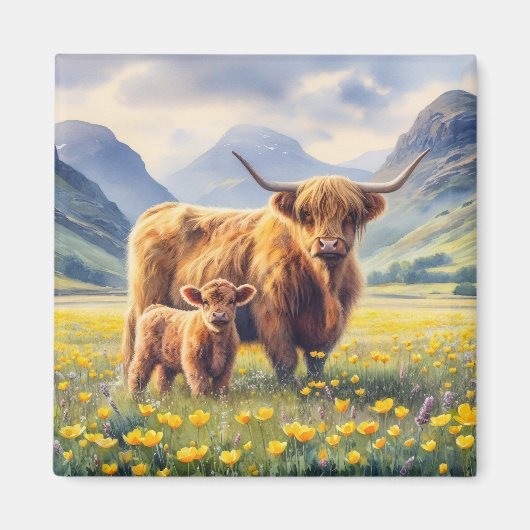 Highland Koe en kalf Buttercup Field Magneet (Voorkant)