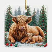 Highland Koe en Kalf Kerstversiering – Gezellige F Keramisch Ornament (Achterkant)