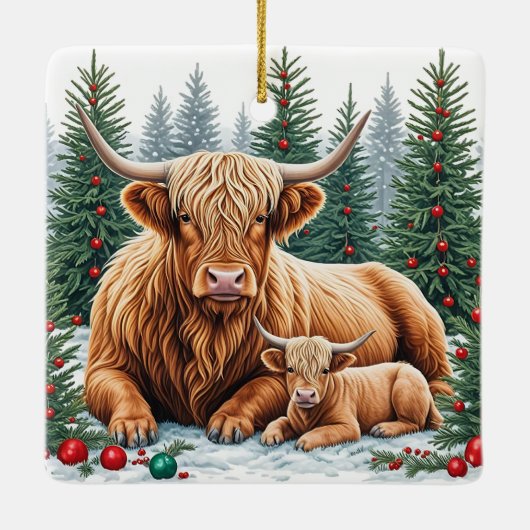 Highland Koe en Kalf Kerstversiering – Gezellige F Keramisch Ornament (Achterkant)