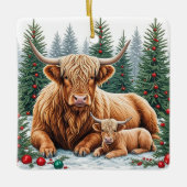 Highland Koe en Kalf Kerstversiering – Gezellige F Keramisch Ornament (Voorkant)