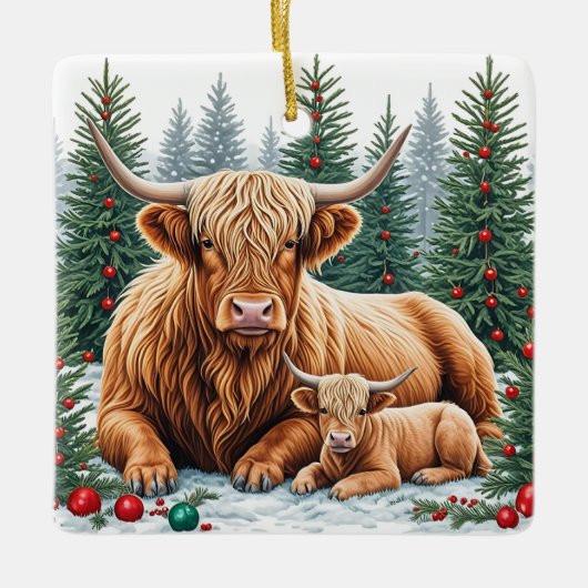 Highland Koe en Kalf Kerstversiering – Gezellige F Keramisch Ornament (Voorkant)