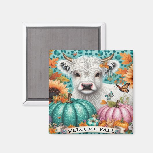 Highland Koe en kleurrijke pompoenen en zonnebloem Magneet (Voorkant / Achterkant)