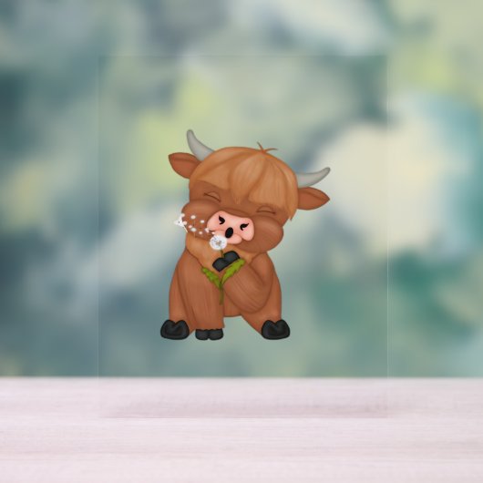 Highland Koe en Paardenbloem Puff Classic T-shirt Acryl Bord (Neutraal)