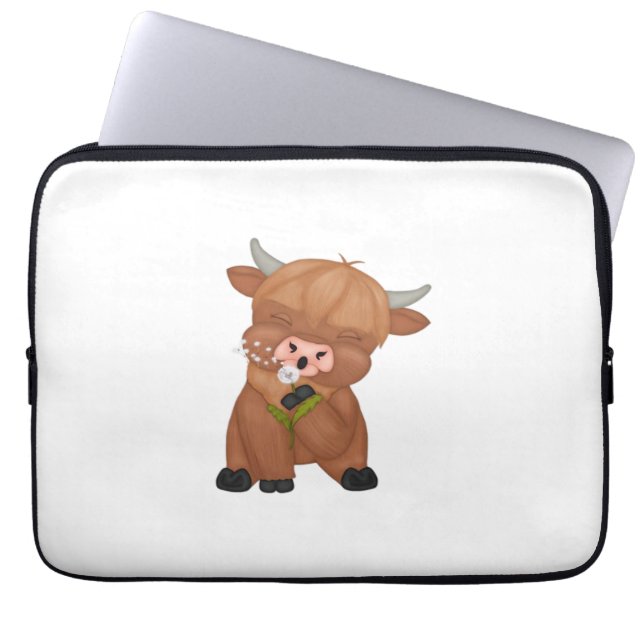 Highland Koe en Paardenbloem Puff Classic T-shirt Laptop Sleeve (Voorkant)