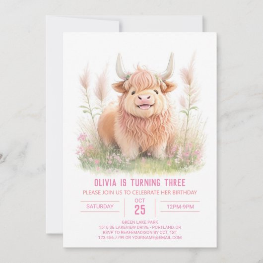Highland Koe en Pampas Grass Meisje Verjaardag Kaart (Voorkant)