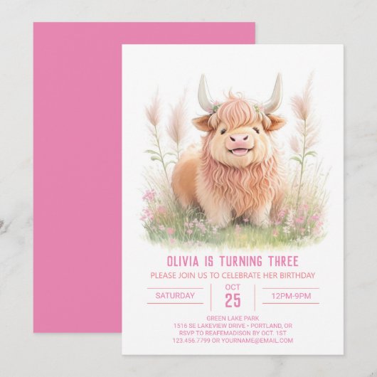 Highland Koe en Pampas Grass Meisje Verjaardag Kaart (Voorkant / Achterkant)
