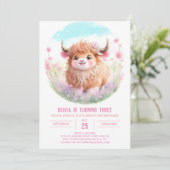 Highland Koe en Pink Blooms Verjaardag Kaart (Staand voorkant)