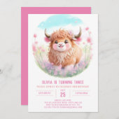 Highland Koe en Pink Blooms Verjaardag Kaart (Voorkant / Achterkant)