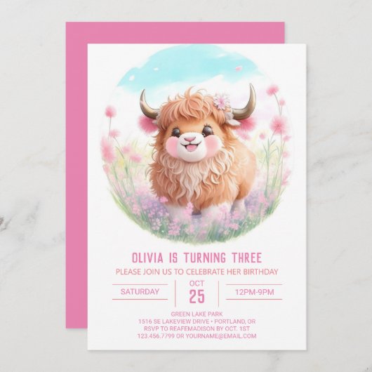 Highland Koe en Pink Blooms Verjaardag Kaart (Voorkant / Achterkant)