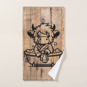 Highland Koe Faux Woodgrain Bad Handdoek