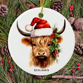 Highland Koe Feestelijk Boerderij Dierenkerst Keramisch Ornament
